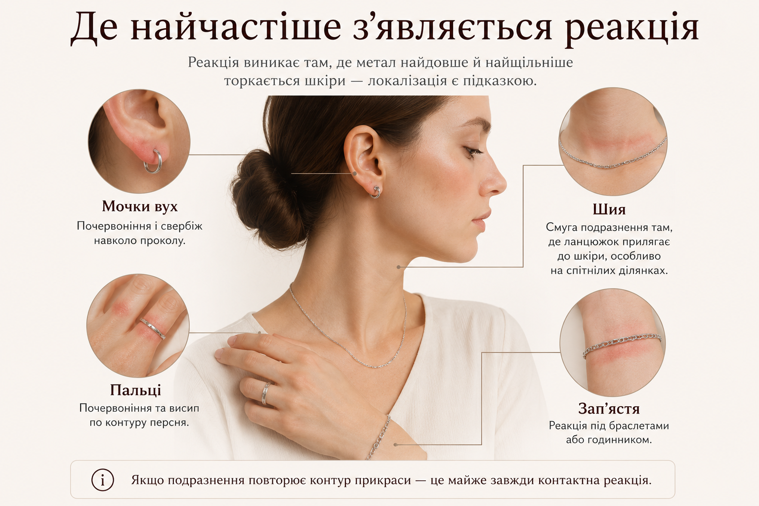 локалізація алергії на срібло: мочки вух, шия, пальці, зап'ястя